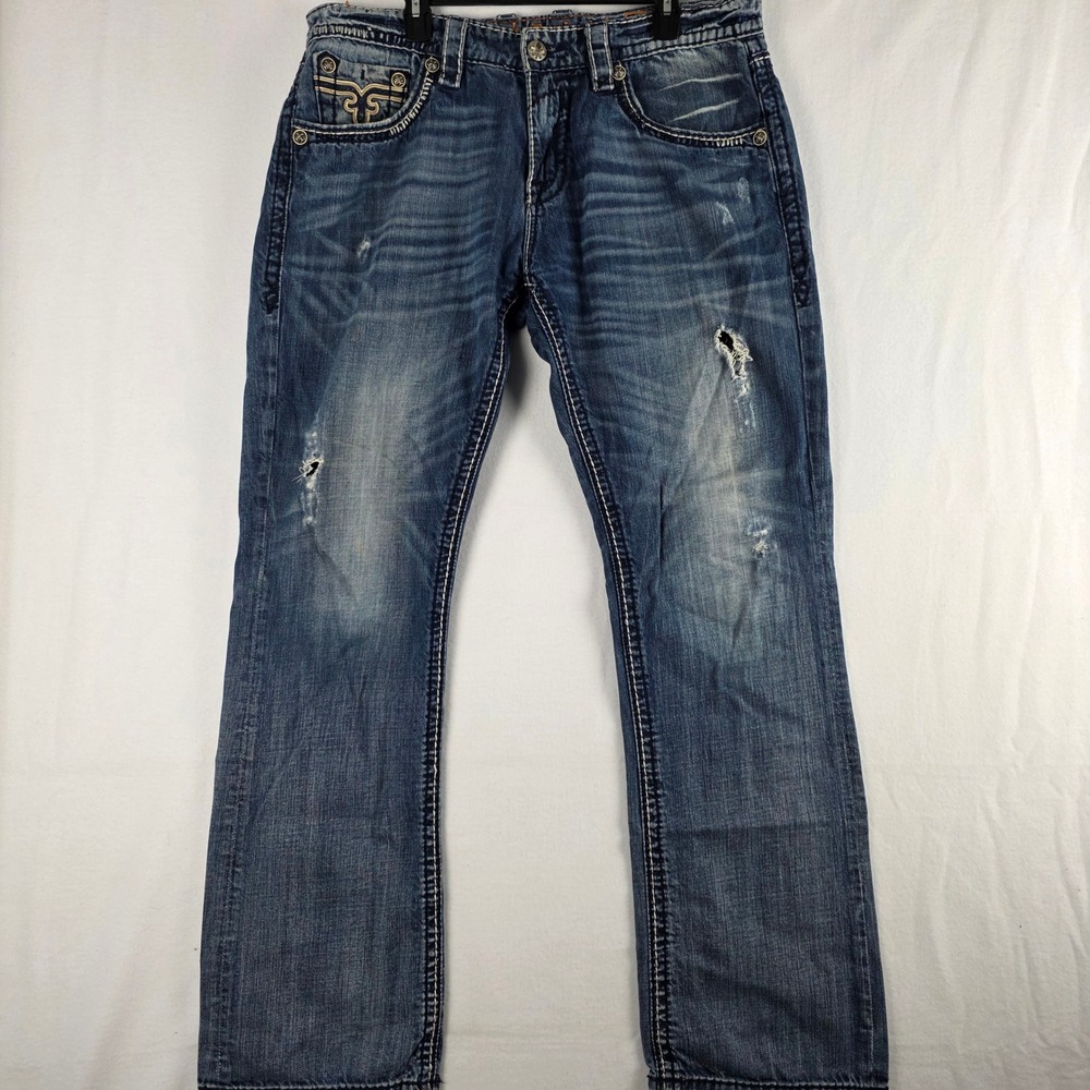 Rock Revival Aiden Relaxed Straight Jeans Blue Distressed Mens 36 E8747ETSK